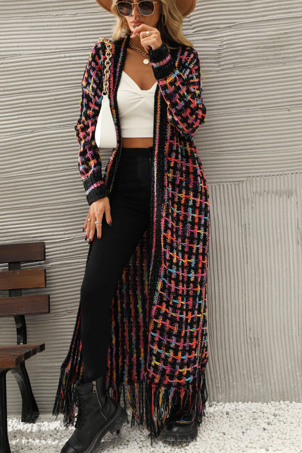 Multicolored Open Front Fringe Hem Cardigan | Ryzela