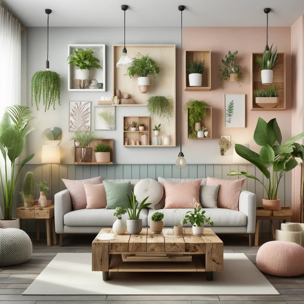 An image of a trendy and eco-friendly living room featuring plants, reclaimed wood furniture, and energy-efficient lighting