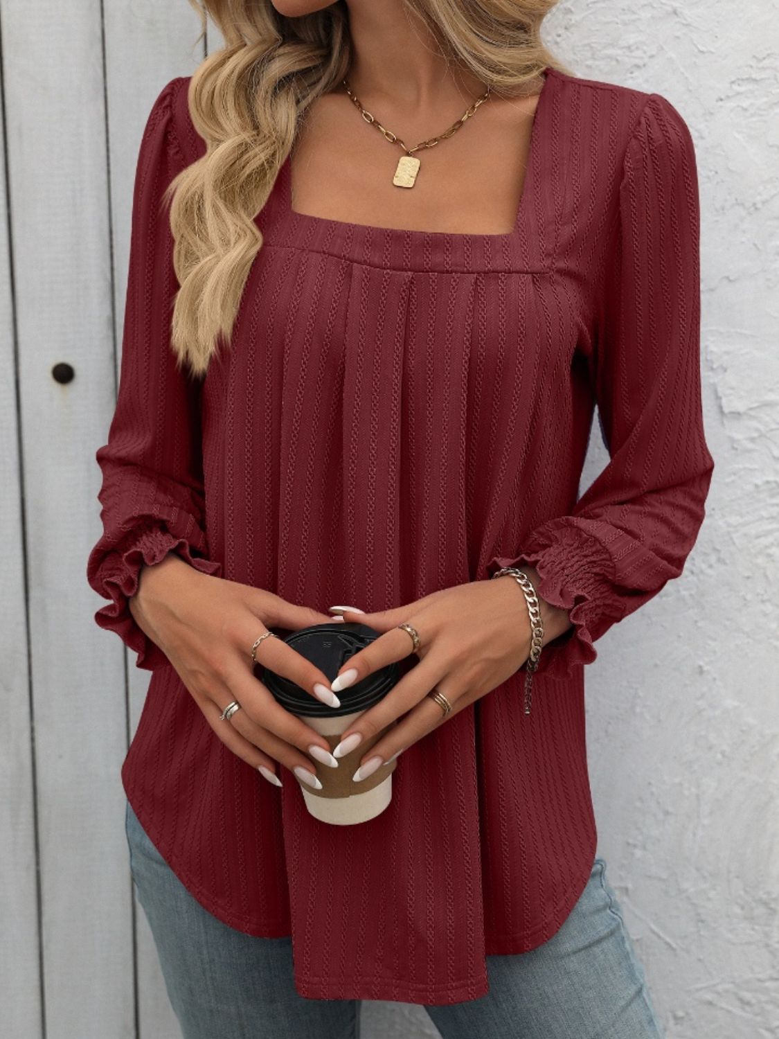 Square Neck Long Sleeve Top - Ryzela