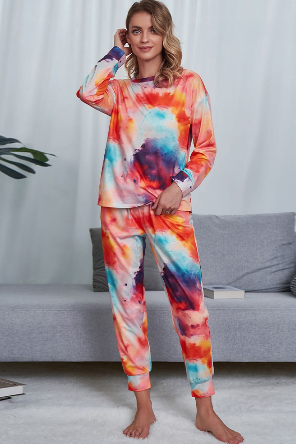 Tie-Dye Crewneck Top and Drawstring Waist Joggers Lounge Set - Ryzela