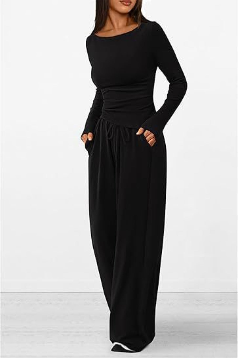 Round Neck Long Sleeve Top and Pants Set - Ryzela