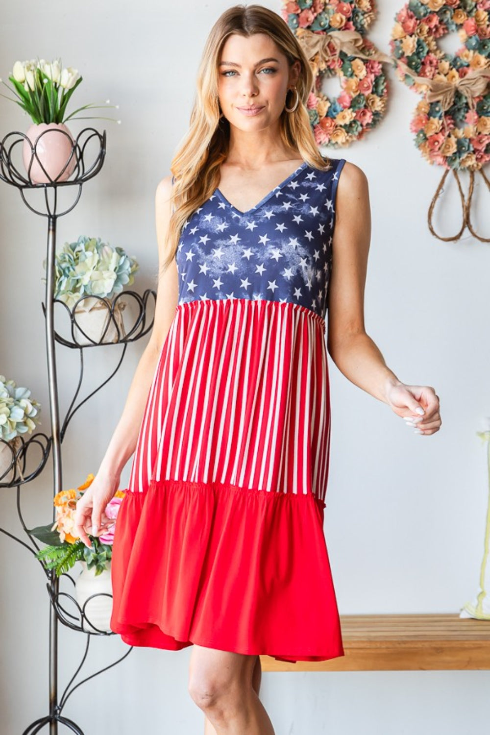 Heimish Full Size US Flag Theme Contrast Tank Dress - Ryzela