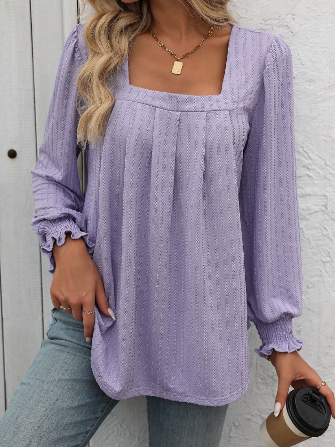 Square Neck Long Sleeve Top - Ryzela