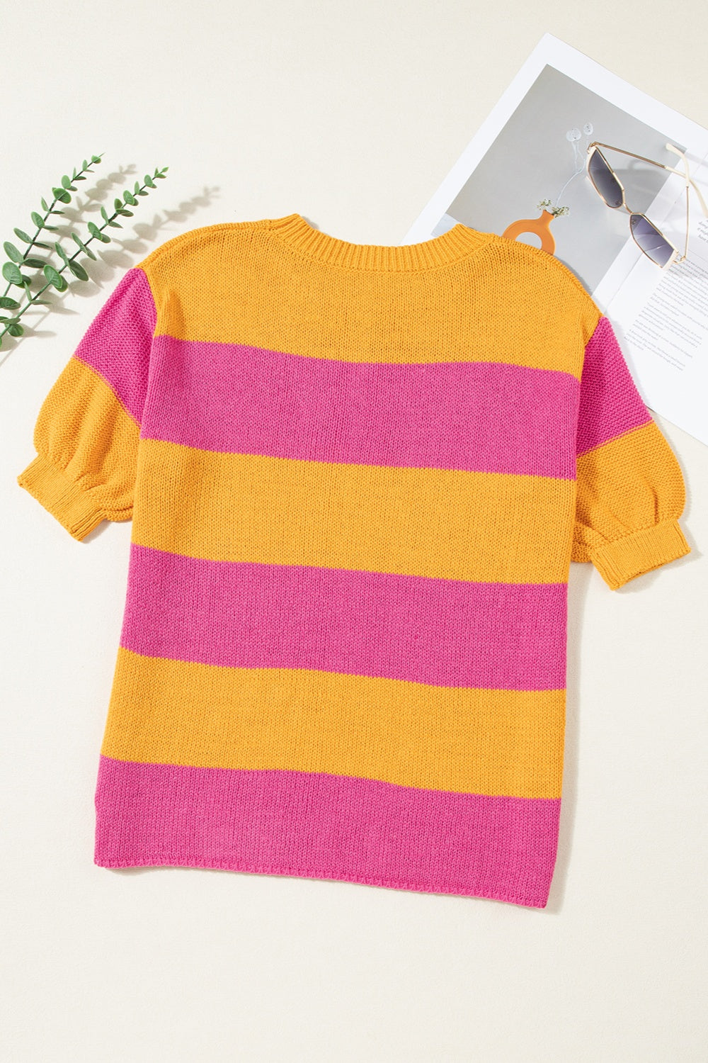 Color Block Round Neck Short Sleeve Knit Top - Ryzela