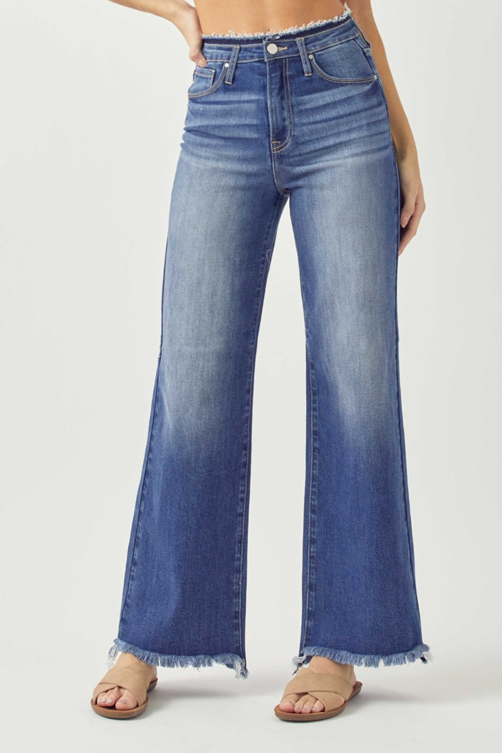 RISEN High Waist Raw Hem Wide Leg Jeans - Ryzela