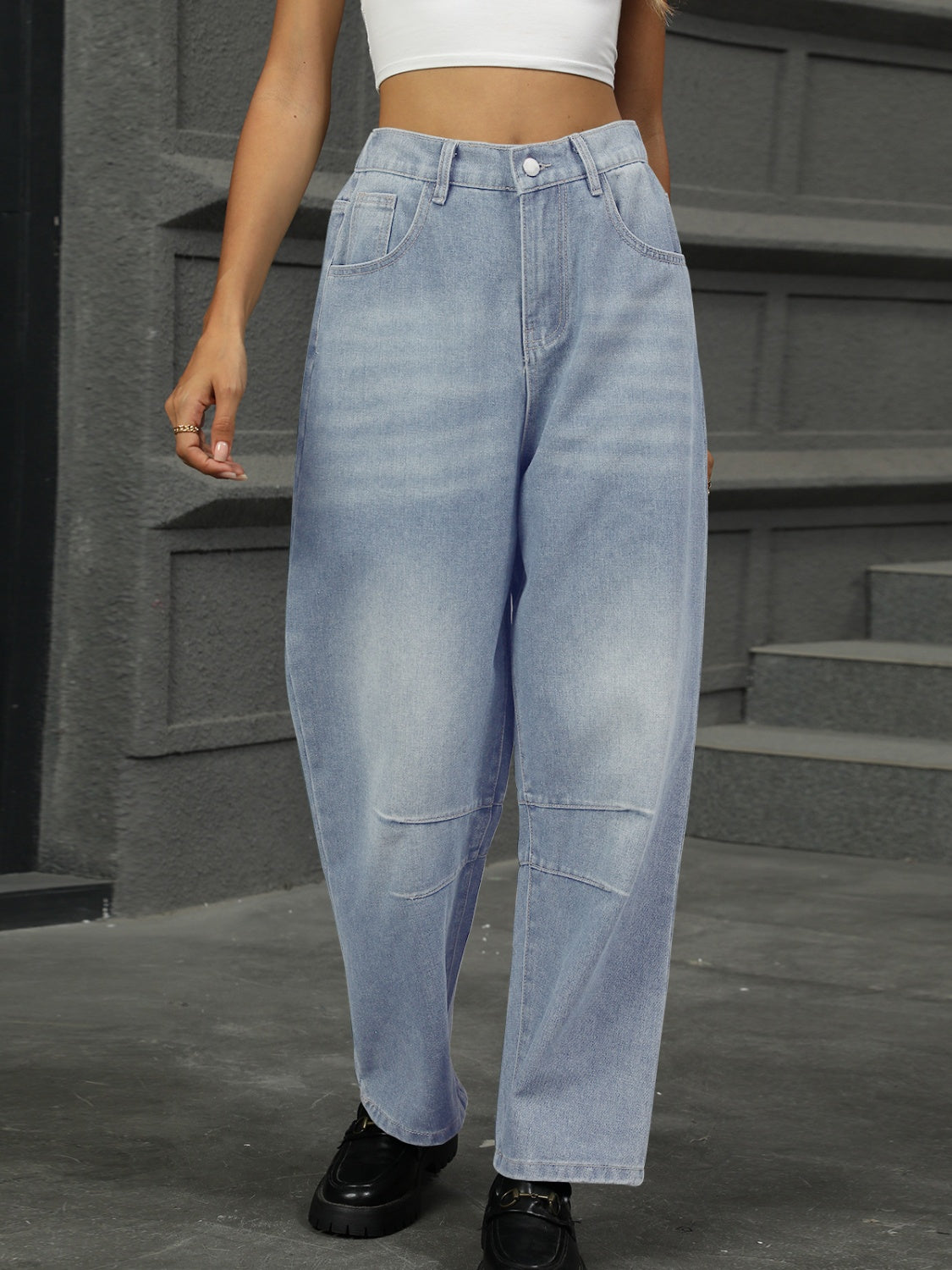 Half Elastic Waist Straight Leg Jeans - Ryzela