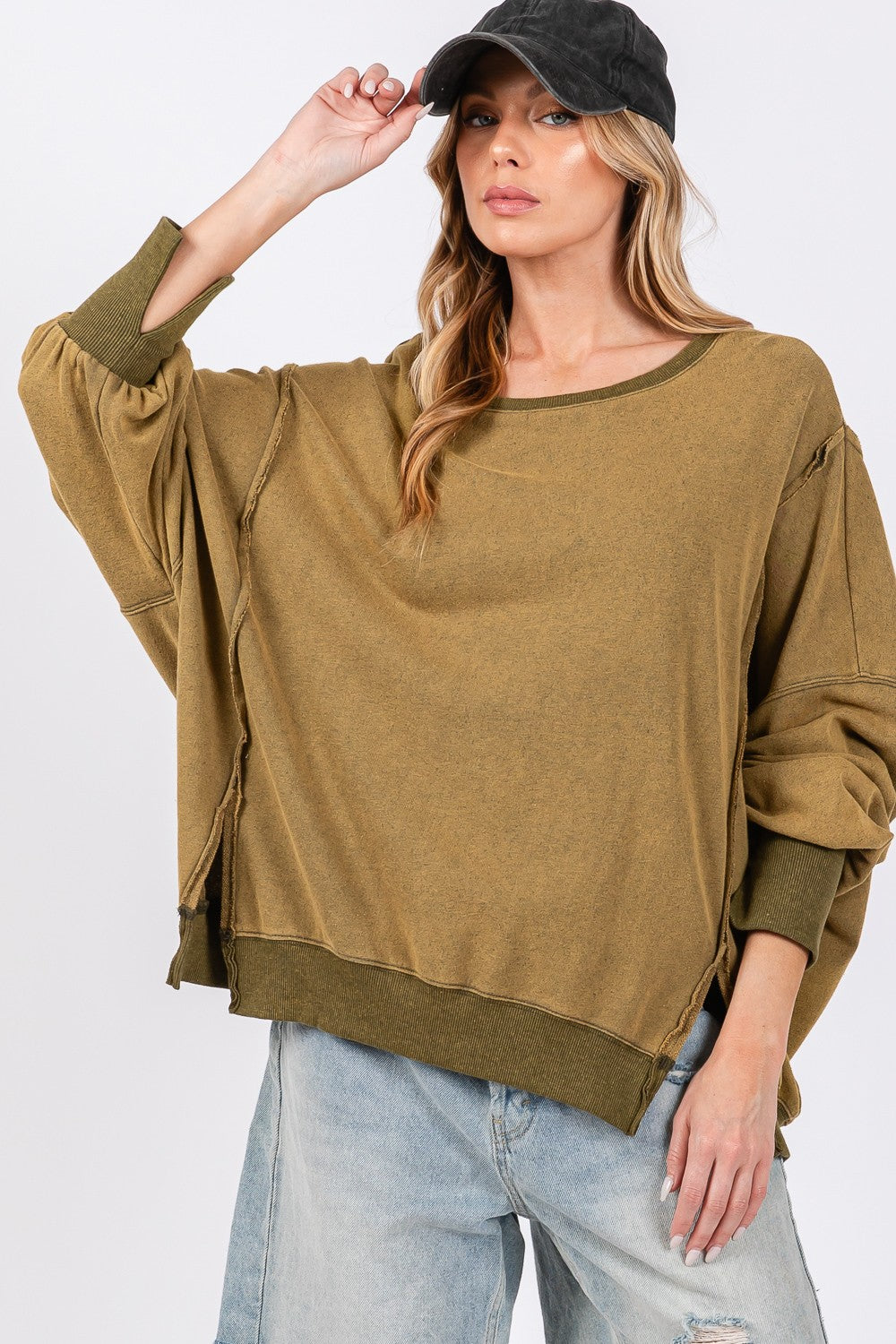 SAGE + FIG Mineral Wash Side Slit Oversized Sweatshirt - Ryzela