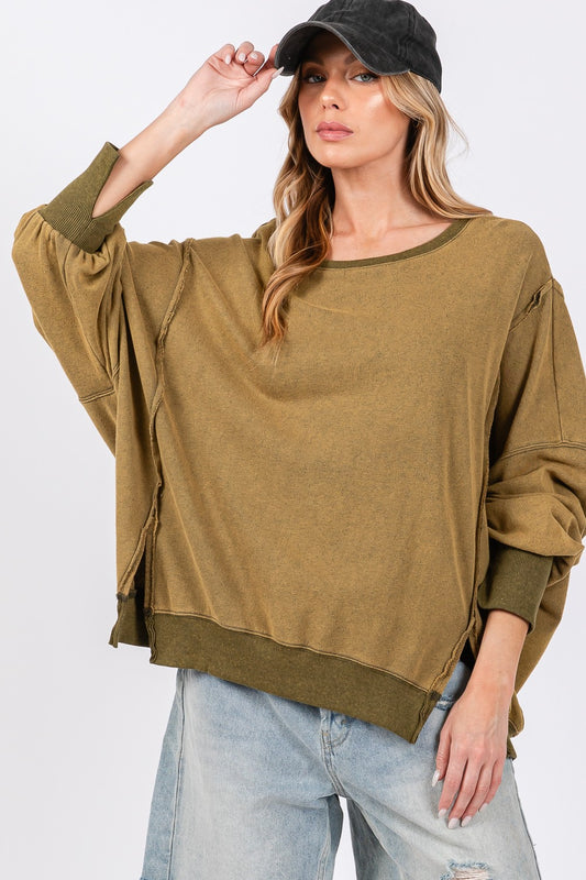 SAGE + FIG Mineral Wash Side Slit Oversized Sweatshirt - Ryzela