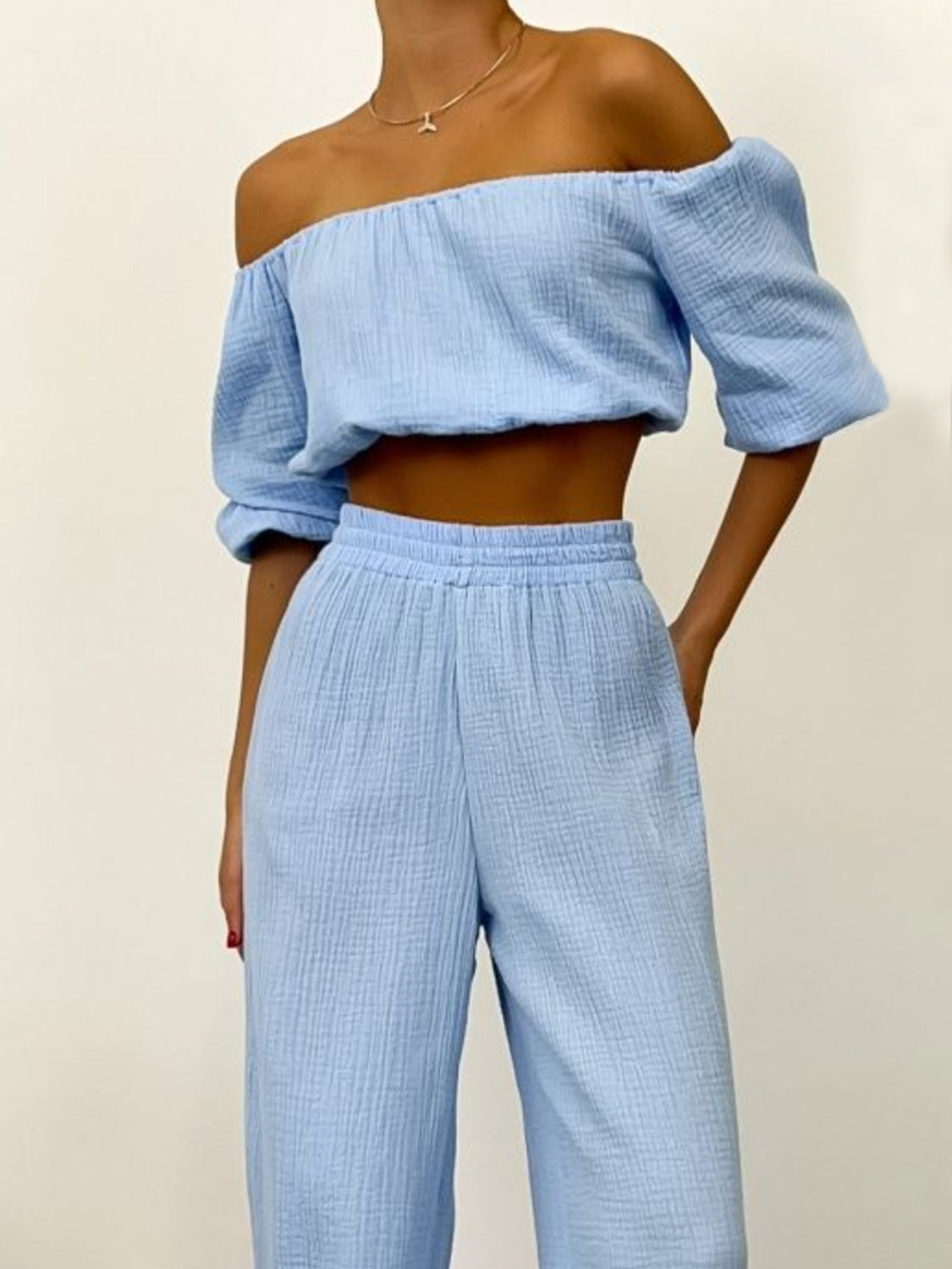 Off Shoulder Long Sleeve Top and Pants Set - Ryzela