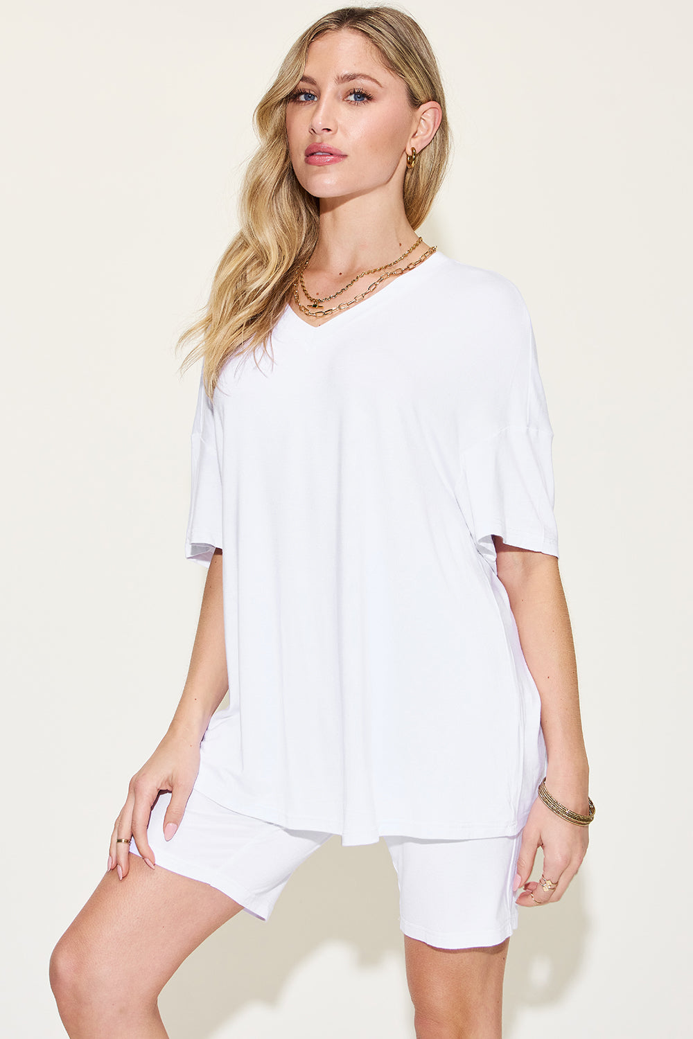 Basic Bae Full Size V-Neck Drop Shoulder T-Shirt and Shorts Set - Ryzela