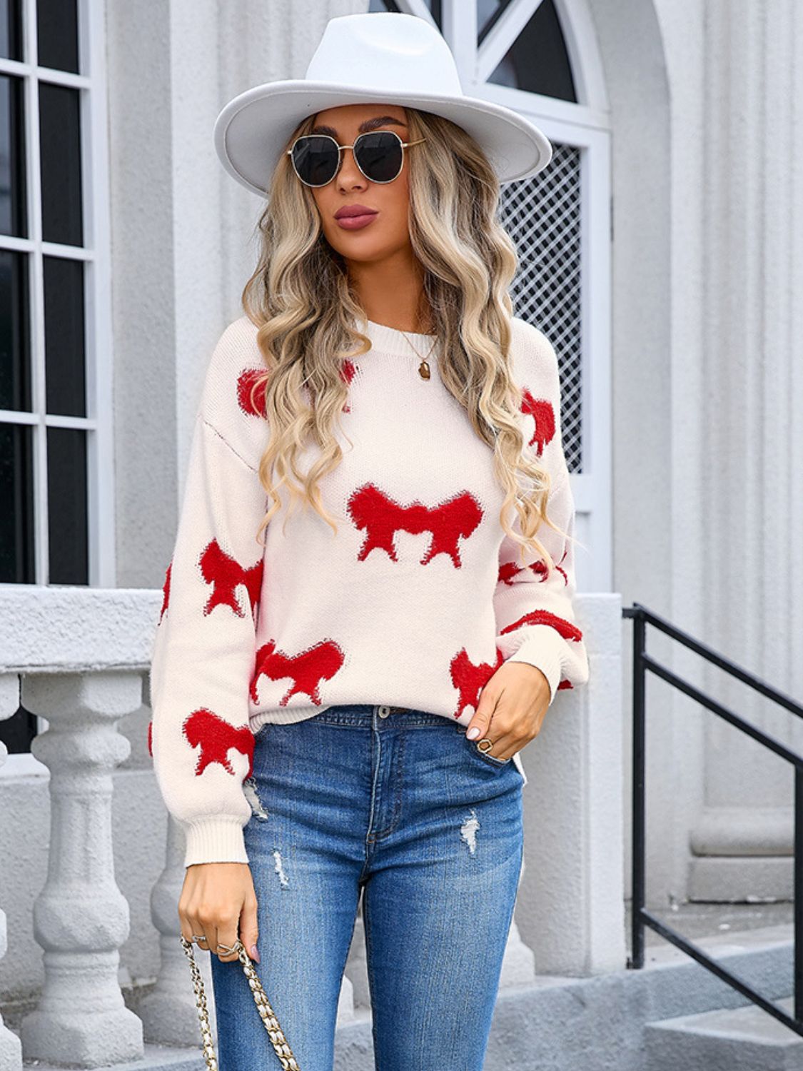 Bow Round Neck Dropped Shoulder Sweater - Ryzela