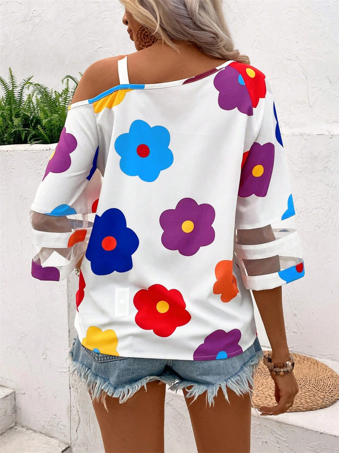 Flower Asymmetrical Neck Blouse - Ryzela