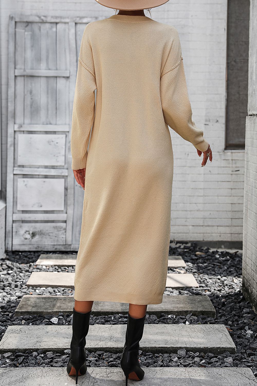 Decorative Button Notched Dropped Shoulder Sweater Dress - Ryzela