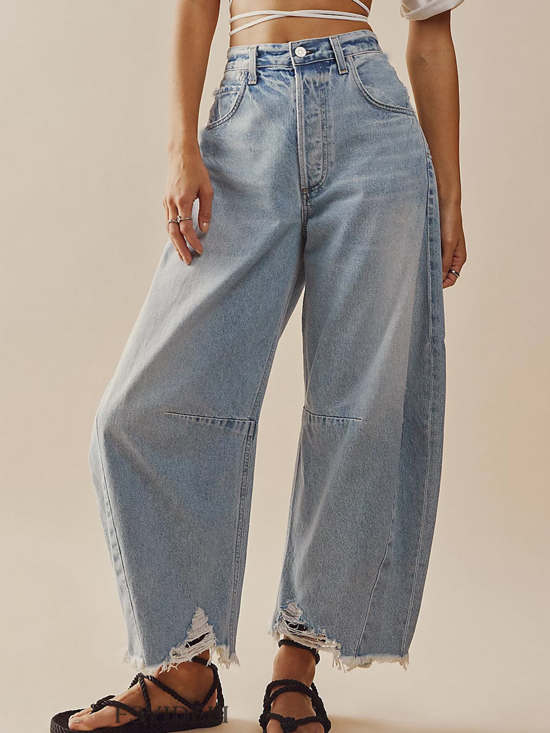 Raw Hem Wide Leg Jeans with Pockets - Ryzela