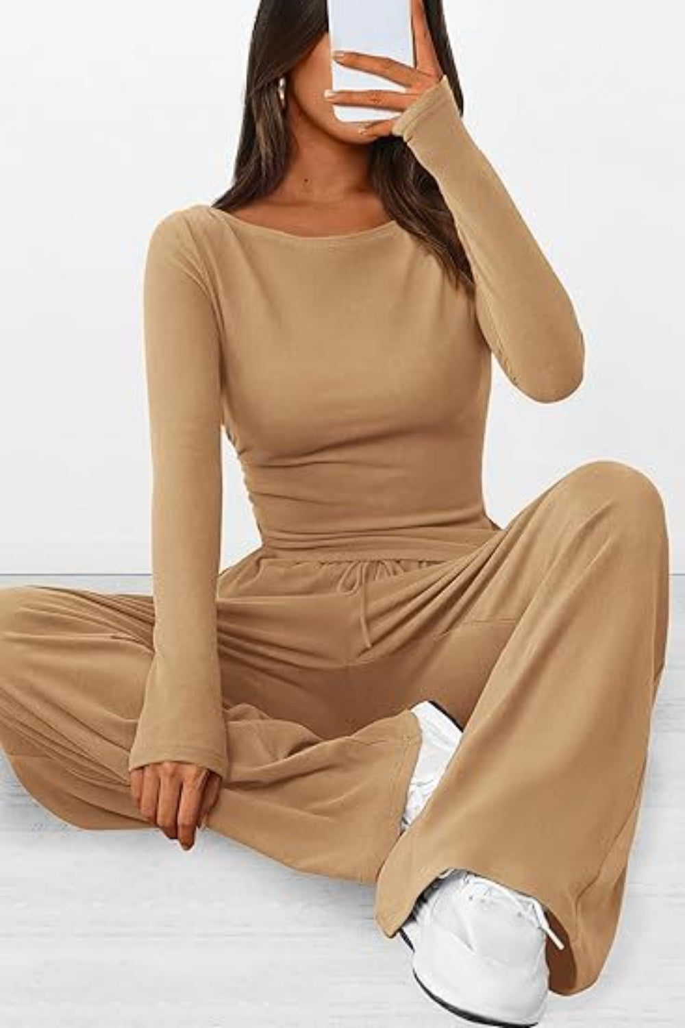 Round Neck Long Sleeve Top and Pants Set - Ryzela