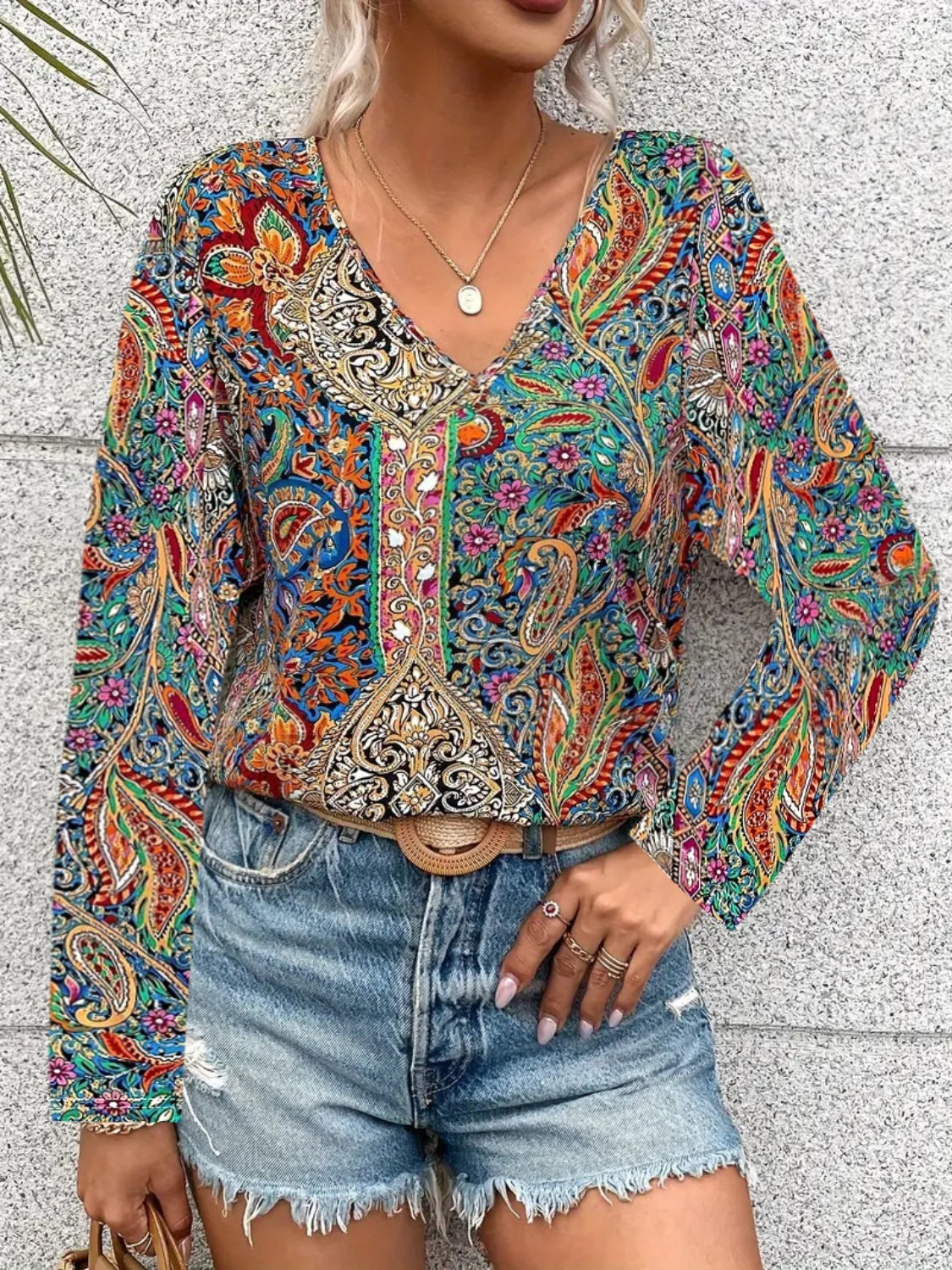 Printed V-Neck Long Sleeve Blouse - Ryzela