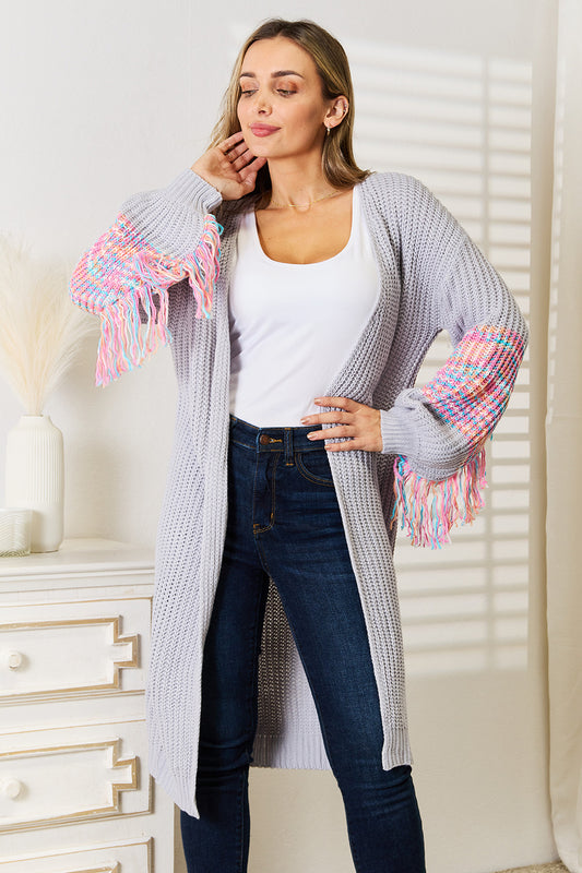 Woven Right Fringe Sleeve Dropped Shoulder Cardigan - Ryzela