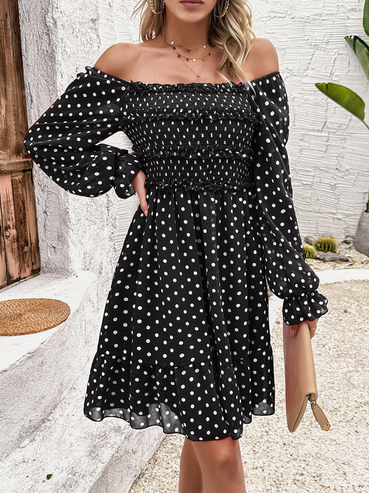 Smocked Polka Dot Long Sleeve Dress - Ryzela