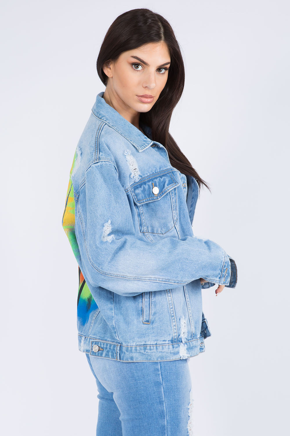 American Bazi Full Size Painted Back Distressed Denim Jacket - Ryzela