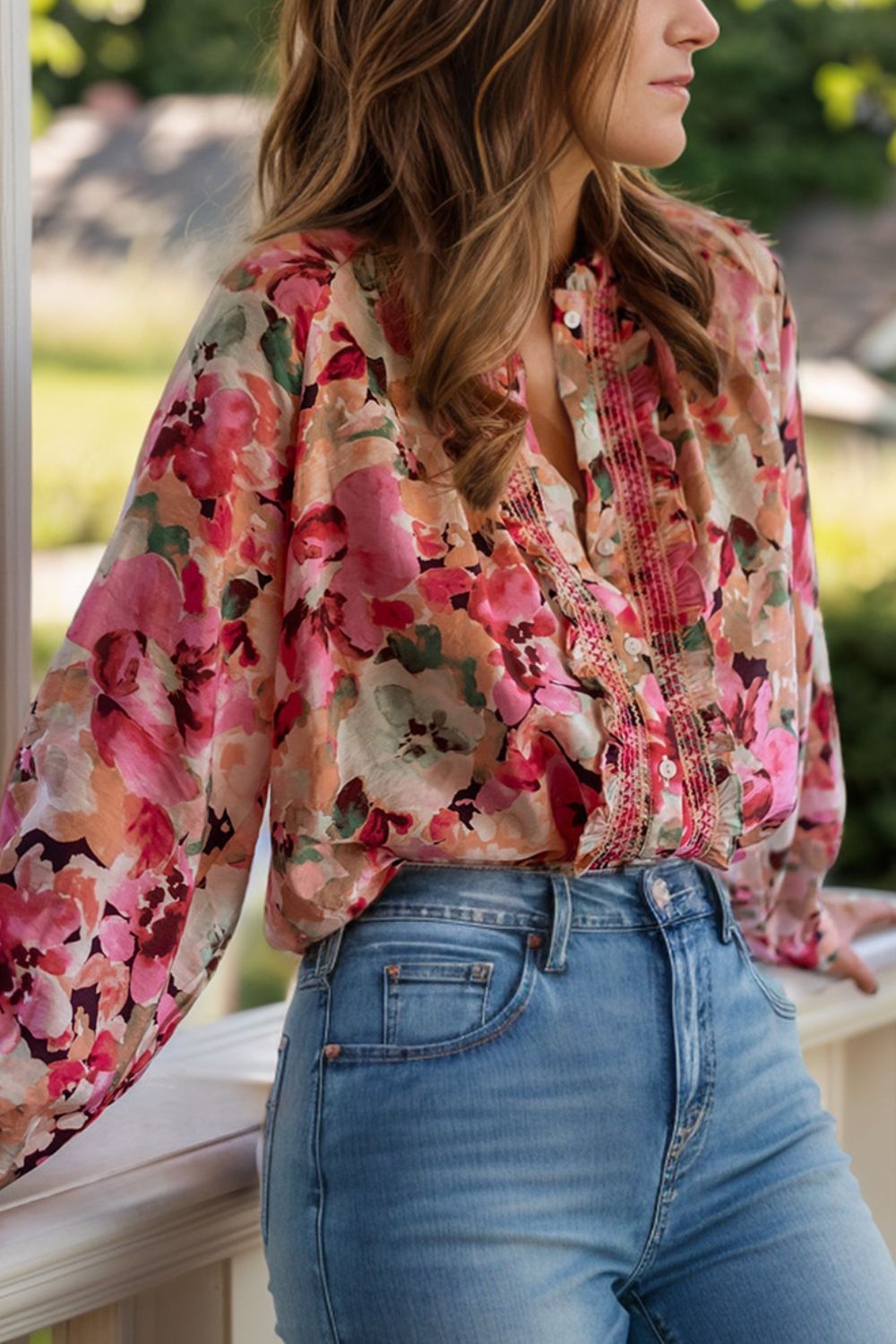 Frill Printed Long Sleeve Shirt - Ryzela