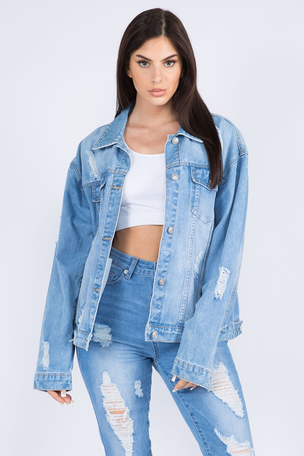 American Bazi Full Size Painted Back Distressed Denim Jacket - Ryzela