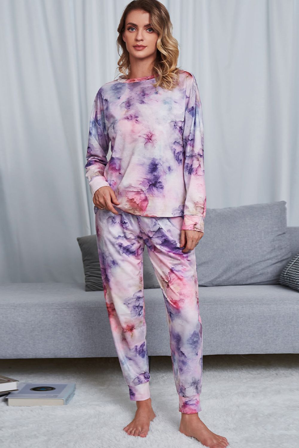 Tie-Dye Crewneck Top and Drawstring Waist Joggers Lounge Set - Ryzela