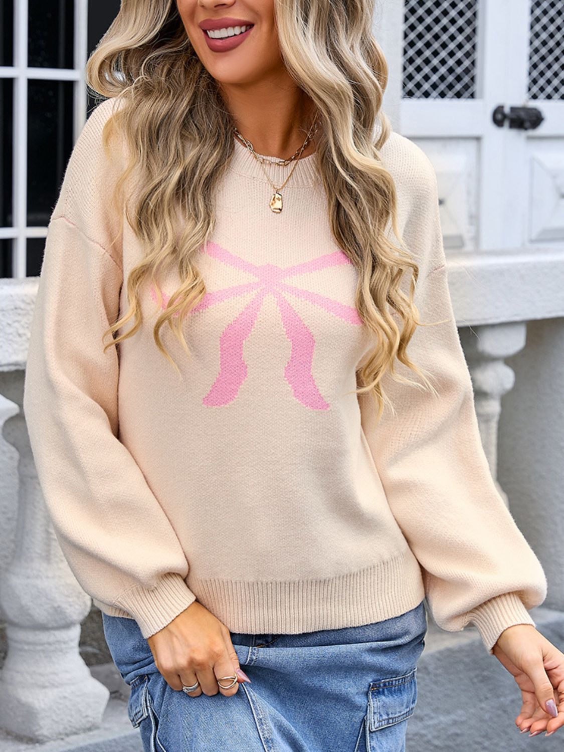 Bow Graphic Round Neck Long Sleeve Sweater - Ryzela