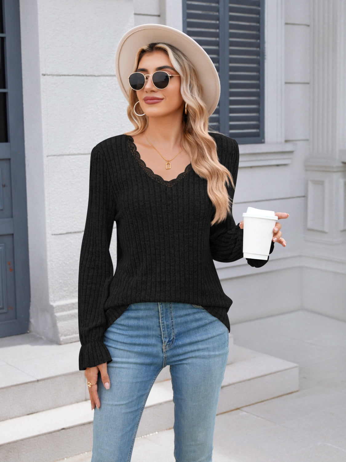 Lace Detail V-Neck Long Sleeve T-Shirt - Ryzela