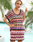 Rainbow Stripe Scalloped V-Neck Cover-Up Dress - Ryzela