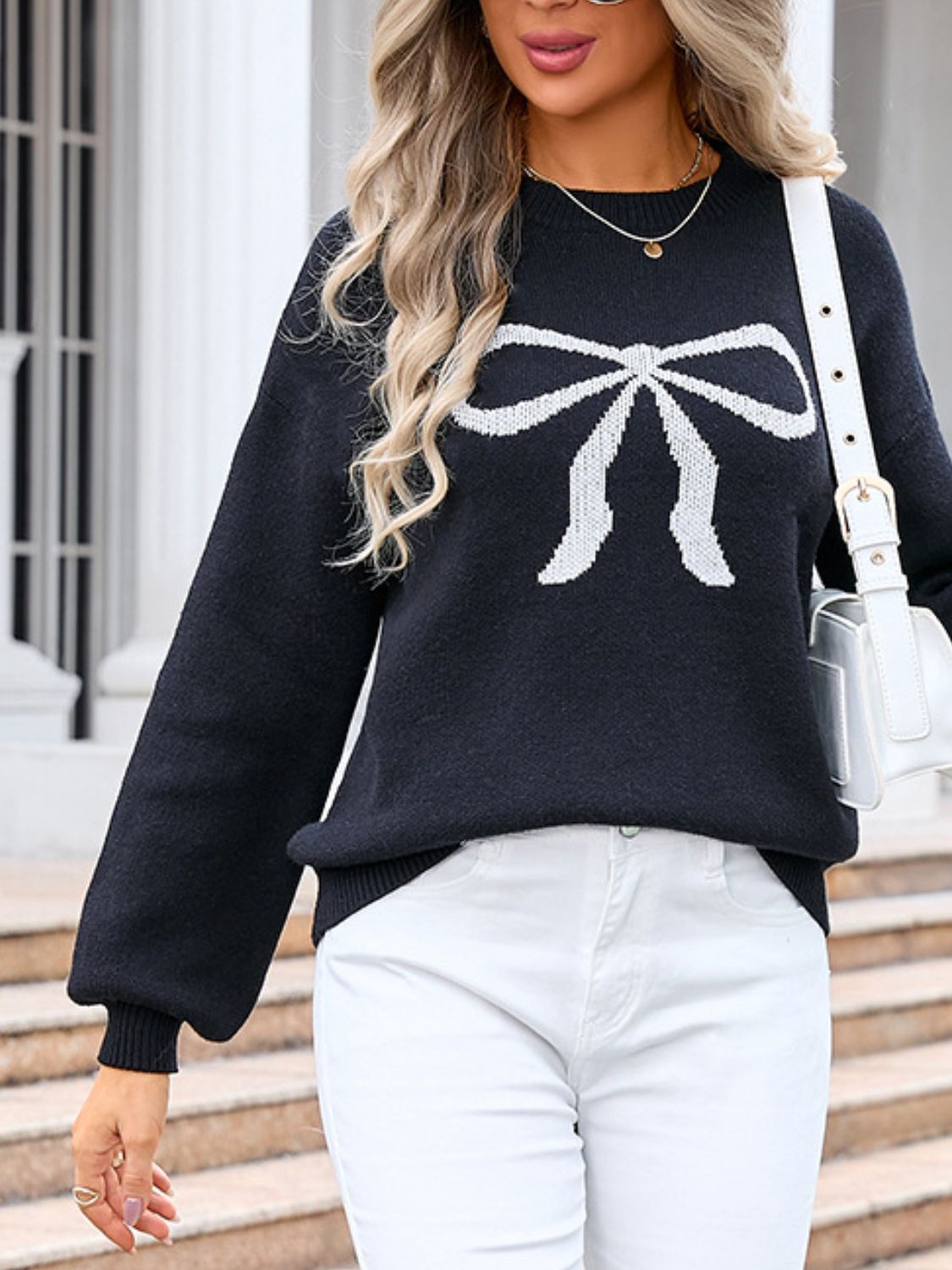 Bow Graphic Round Neck Long Sleeve Sweater - Ryzela