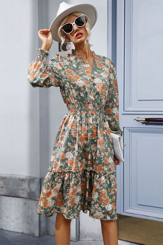 Floral Smocked Decorative Button Dress - Ryzela