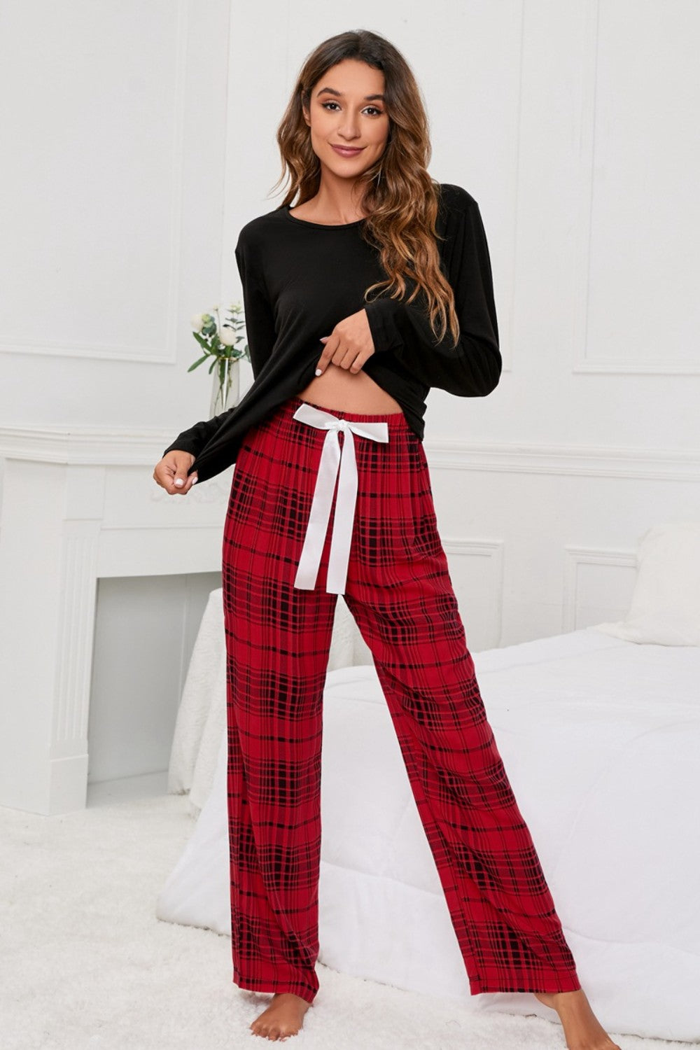 Round Neck Long Sleeve Top and Bow Plaid Pants Lounge Set - Ryzela