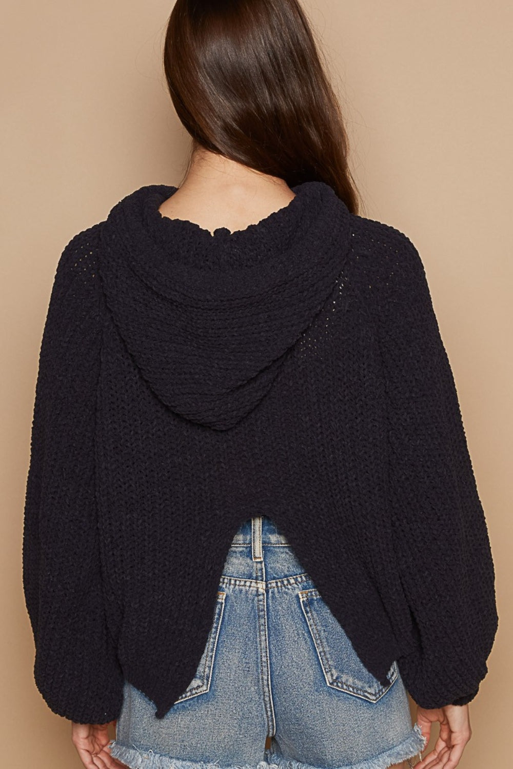 POL Back Open Slit Balloon Sleeve Crop Hooded Sweater - Ryzela