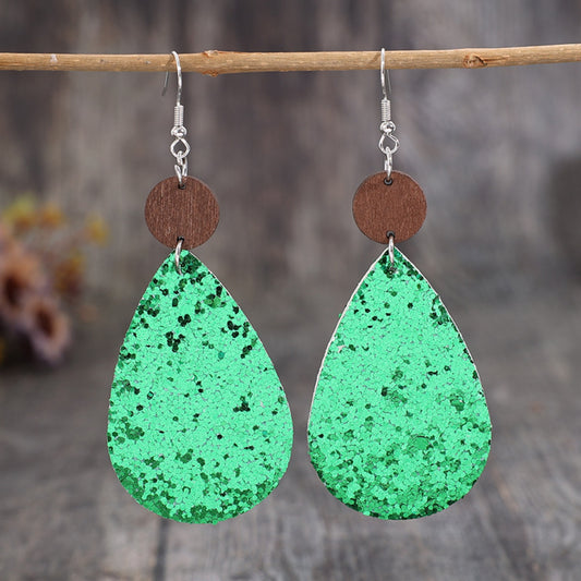 Sequin PU Leather Wooden Dangle Earrings - Ryzela