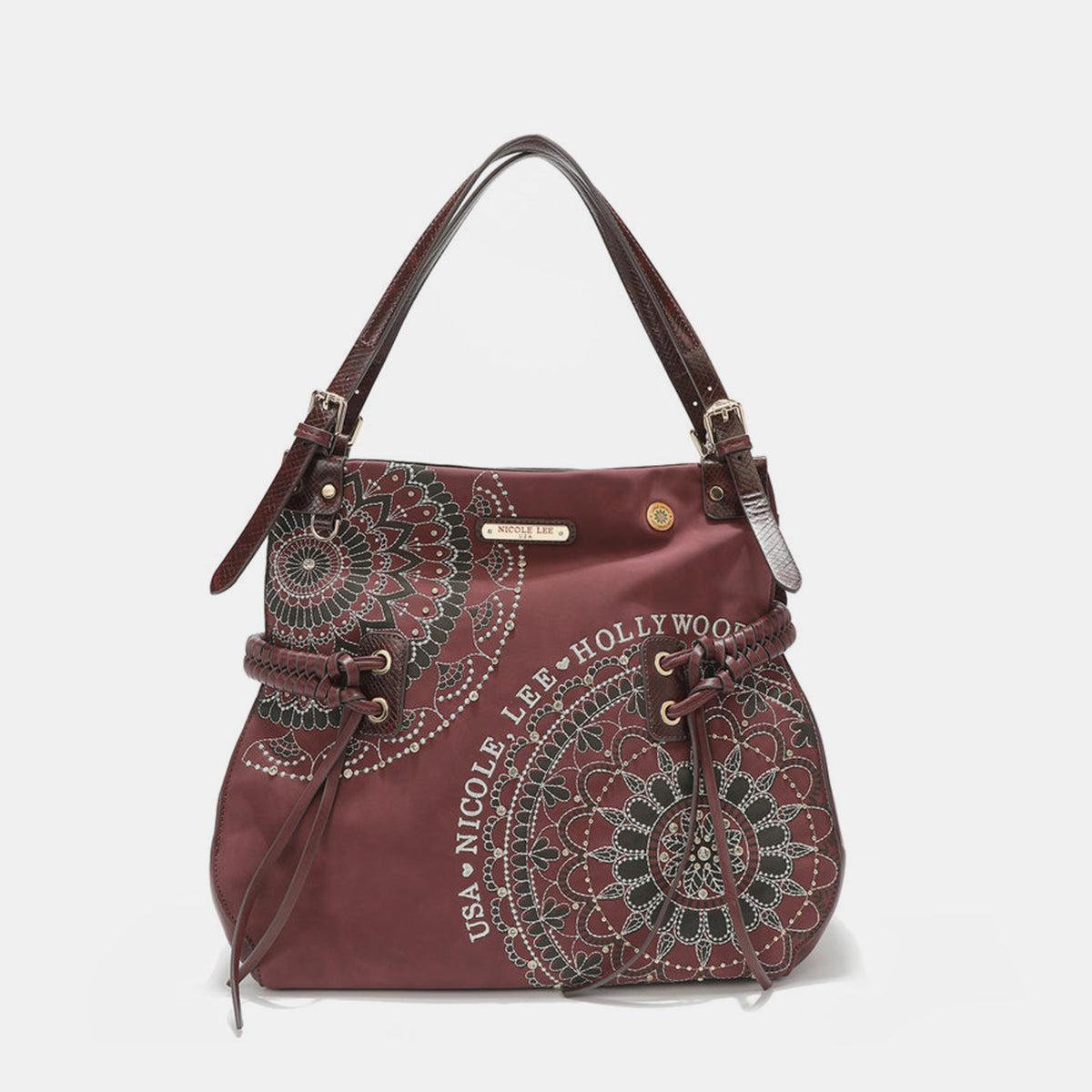 Nicole Lee USA Side Braided Tassel Inlaid Rhinestone Embroidery Hobo Bag - Ryzela