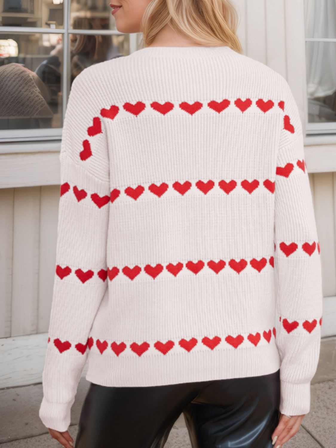 Heart Round Neck Long Sleeve Sweater - Ryzela