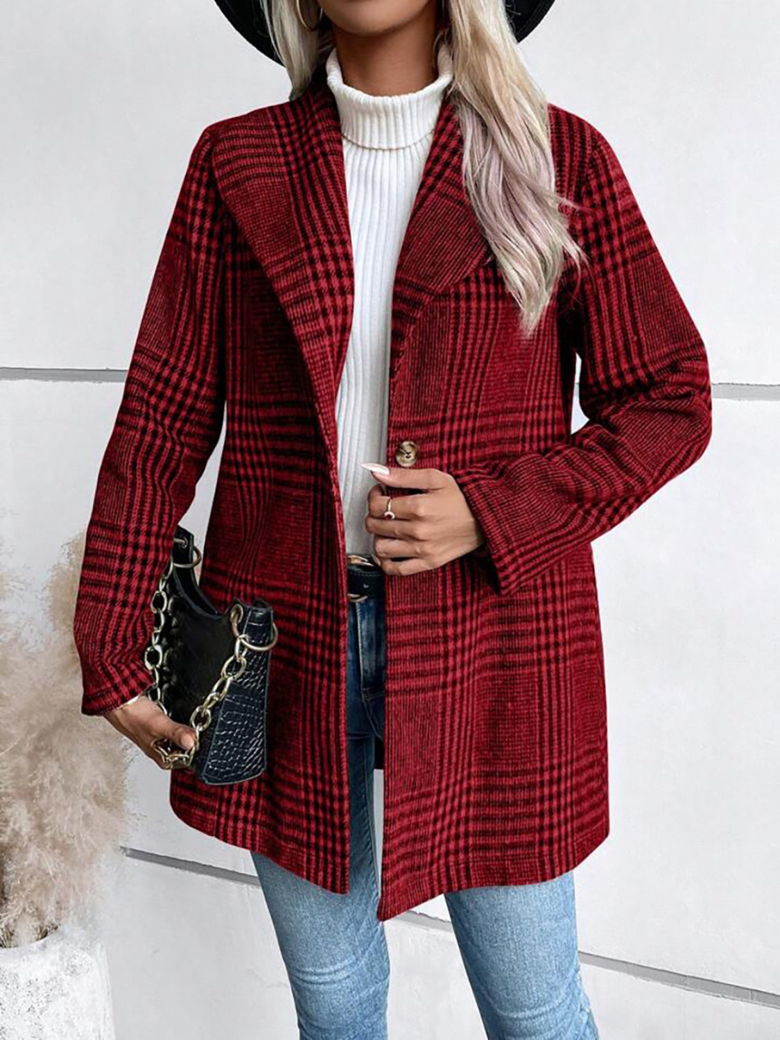 Plaid Collared Neck Long Sleeve Jacket - Ryzela