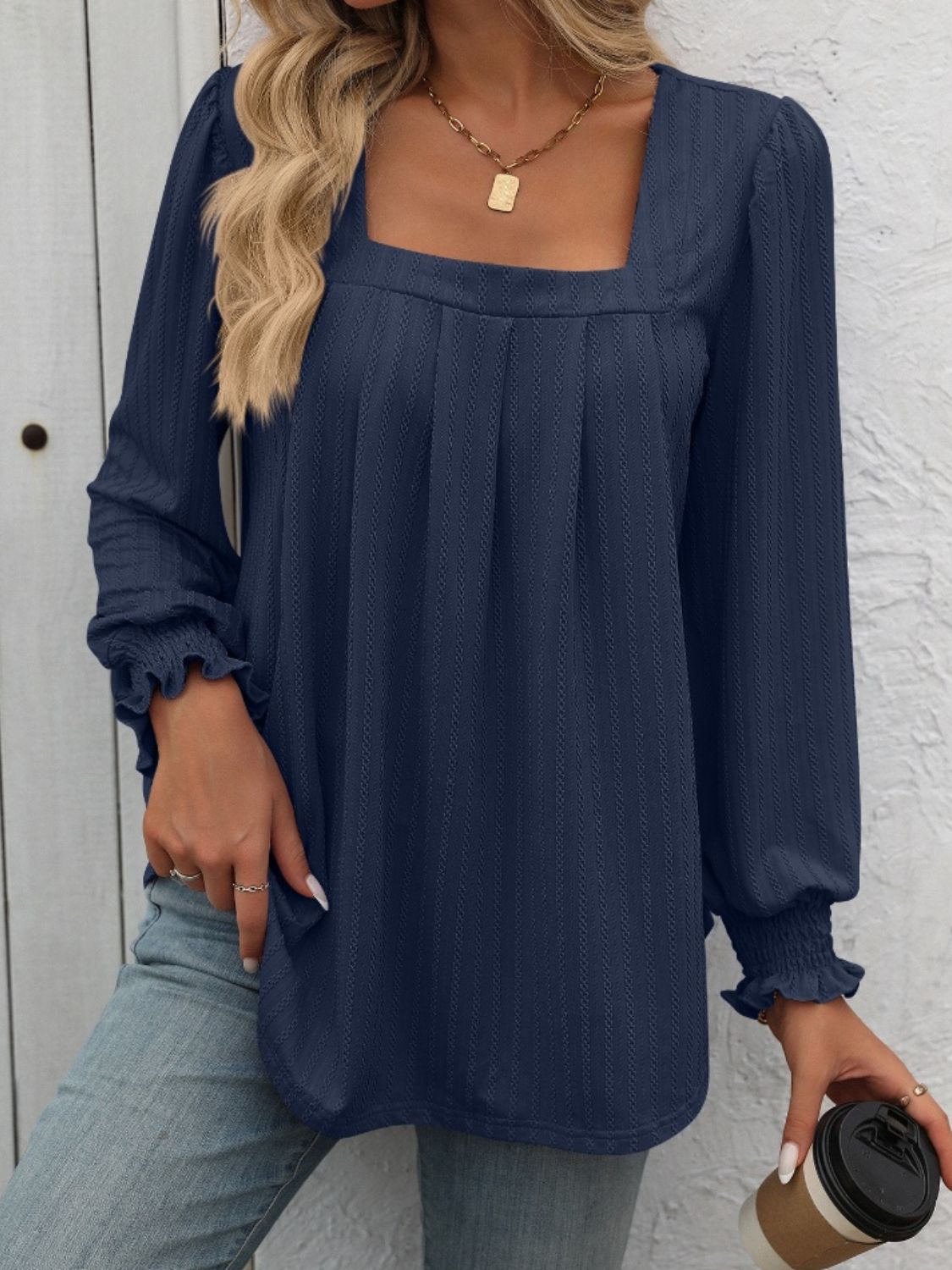 Square Neck Long Sleeve Top - Ryzela