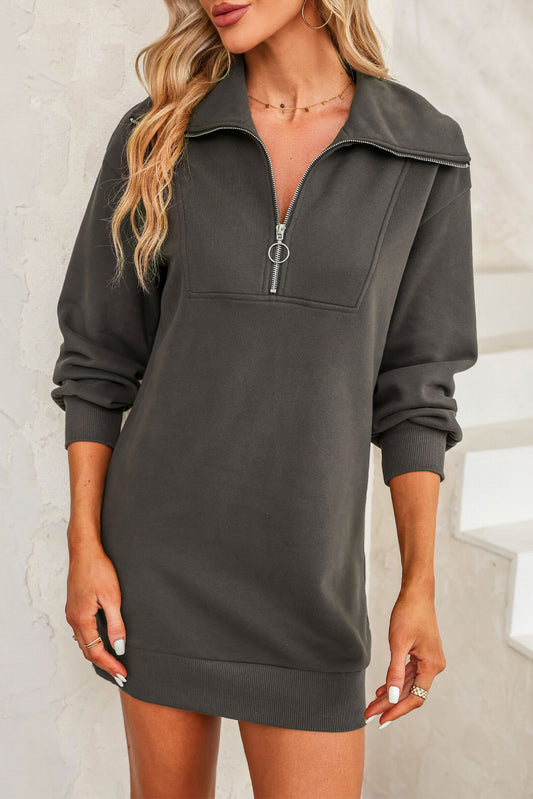 Half Zip Dropped Shoulder Mini Sweatshirt Dress - Ryzela