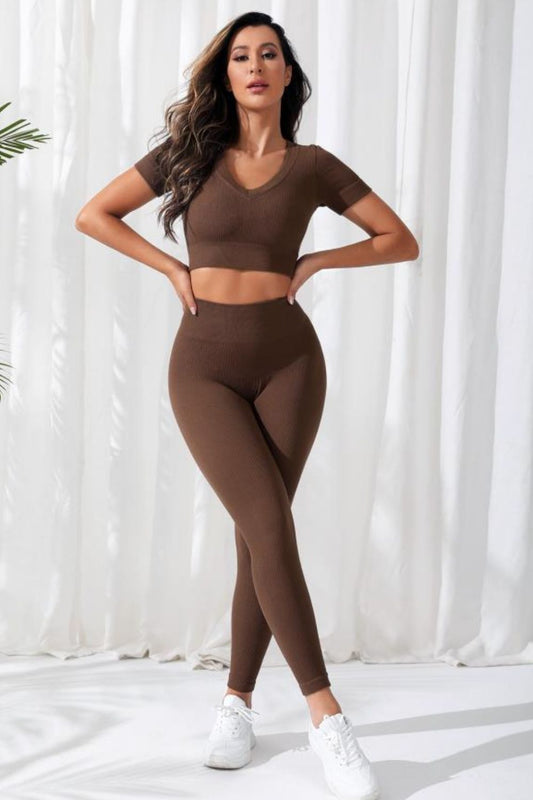 V-Neck Crop Top and High Waistband Long Active Pants - Ryzela