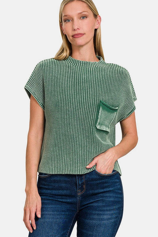 Zenana Washed Mock Neck Short Sleeve Cropped Sweater - Ryzela