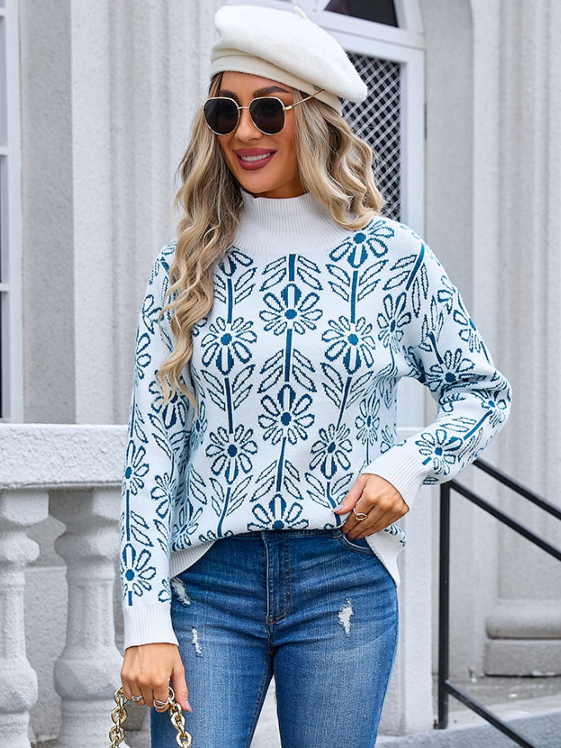 Flower Turtleneck Long Sleeve Sweater - Ryzela