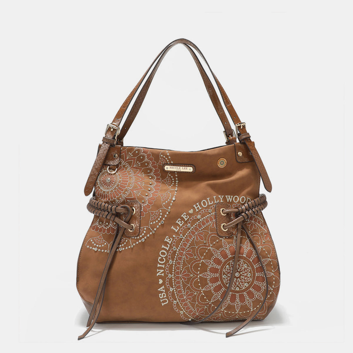 Nicole Lee USA Side Braided Tassel Inlaid Rhinestone Embroidery Hobo Bag - Ryzela