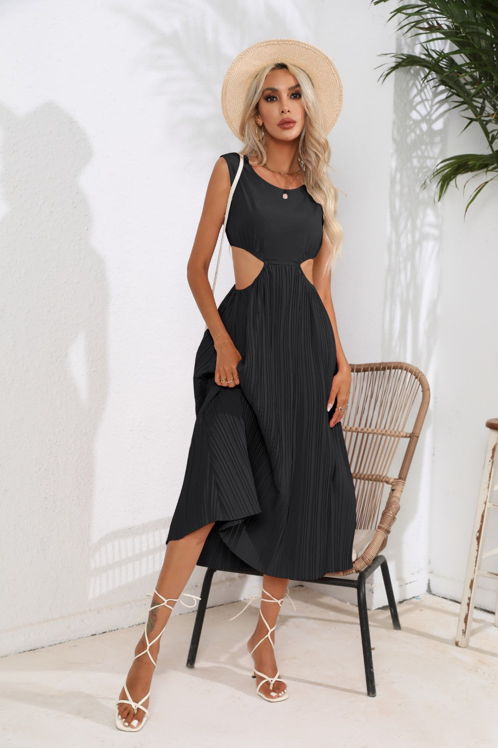 Cutout Ruched Round Neck Tank Dress - Ryzela