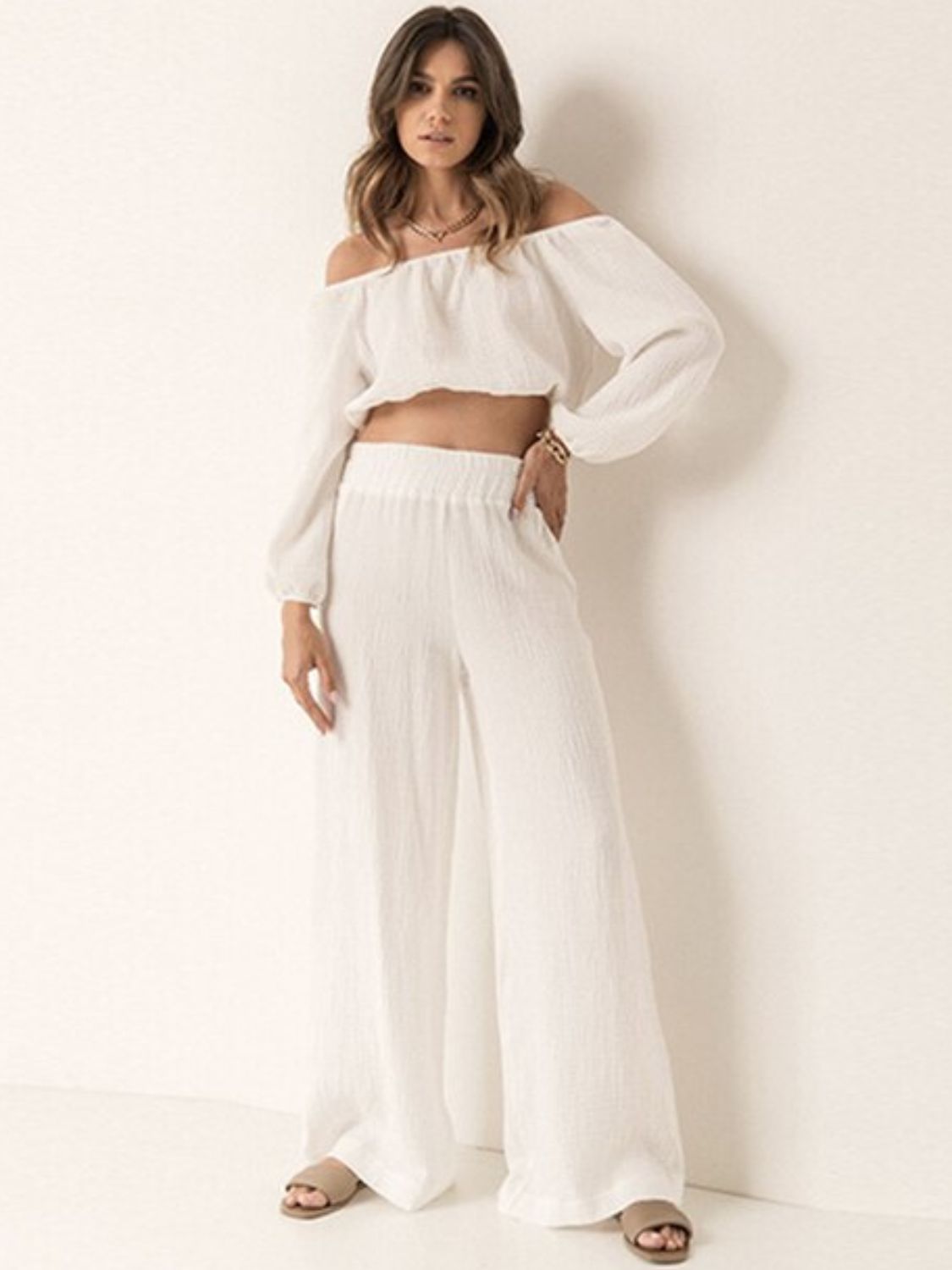 Off Shoulder Long Sleeve Top and Pants Set - Ryzela