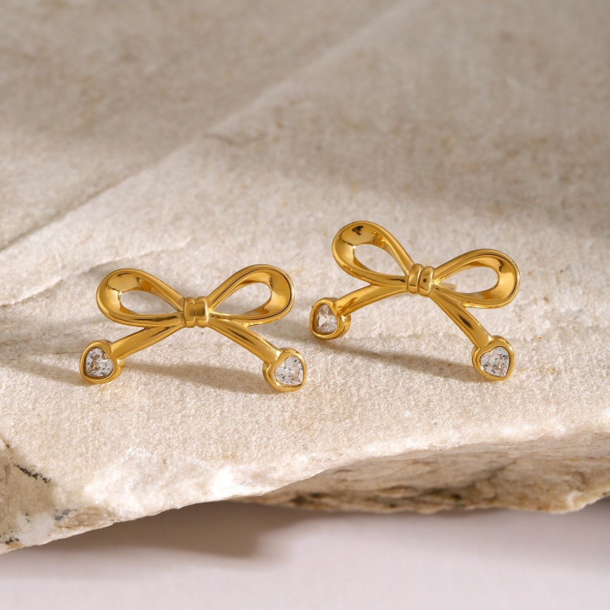 Stainless Steel Inlaid Zircon Bow Earrings - Ryzela