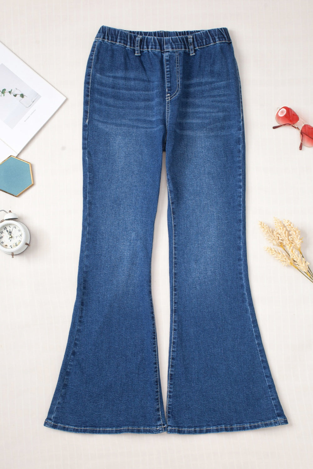 Elastic Waist Bootcut Jeans with Pockets - Ryzela