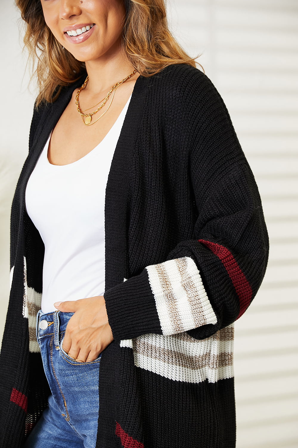 Striped Rib-Knit Drop Shoulder Open Front Cardigan - Ryzela