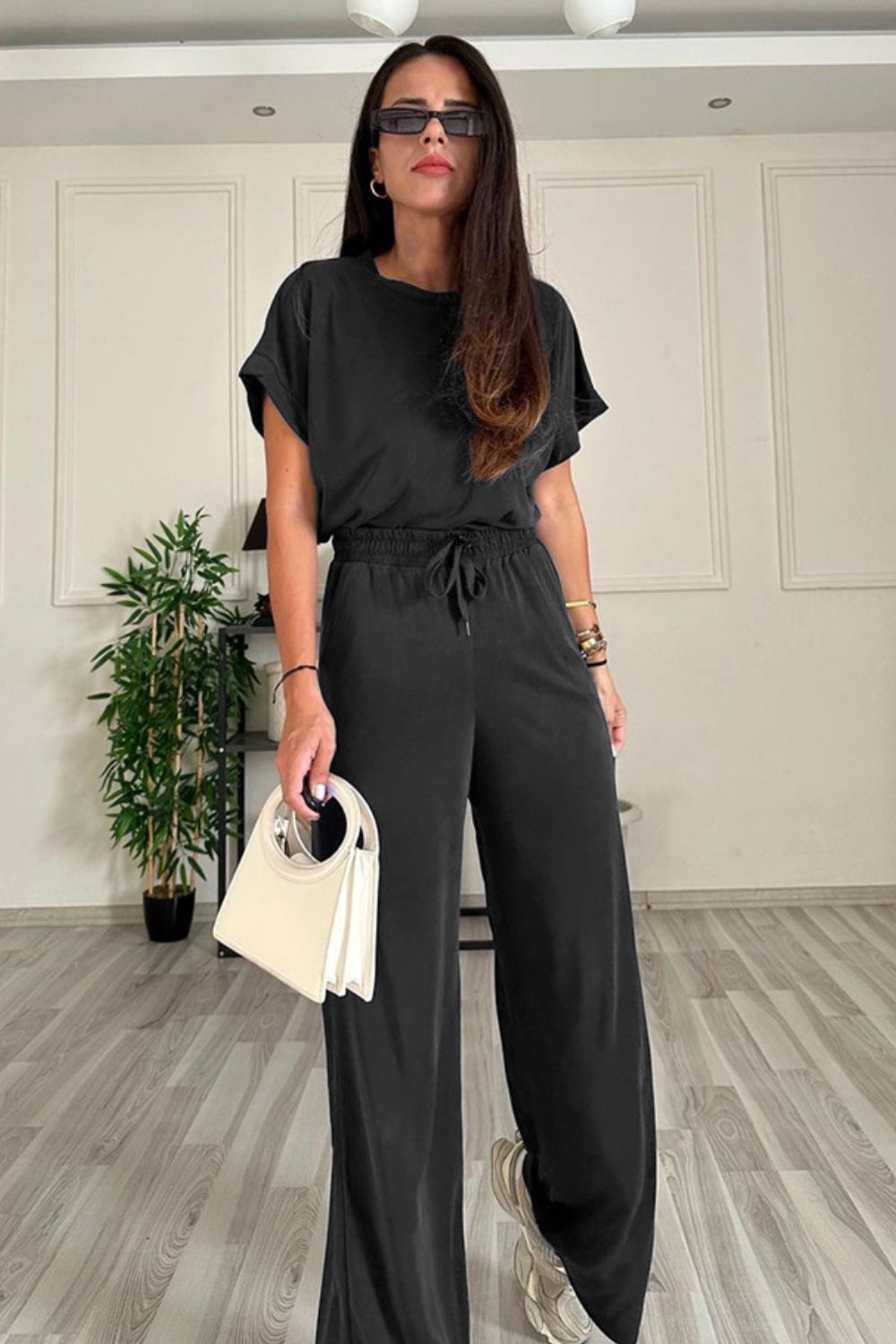 Round Neck Short Sleeve Top and Drawstring Pants Set - Ryzela