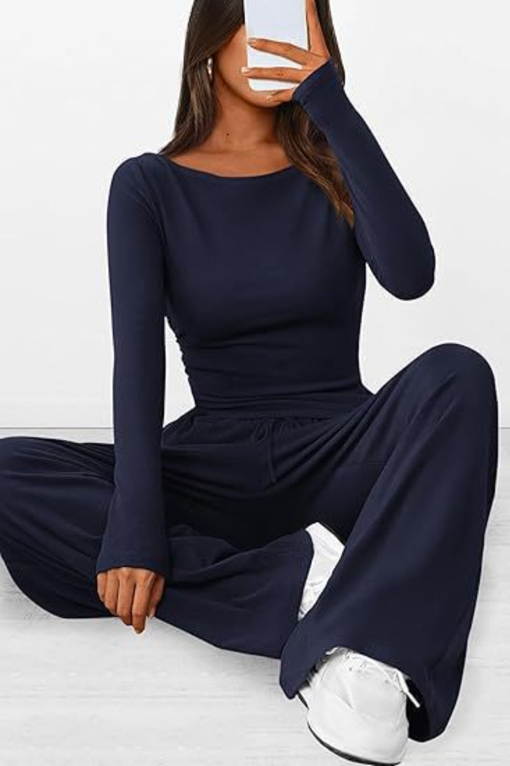 Round Neck Long Sleeve Top and Pants Set - Ryzela